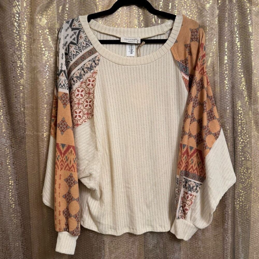 Saints & Hearts Textured Dolman Patchwork Slub Loose Fit Sweater Small NWT
